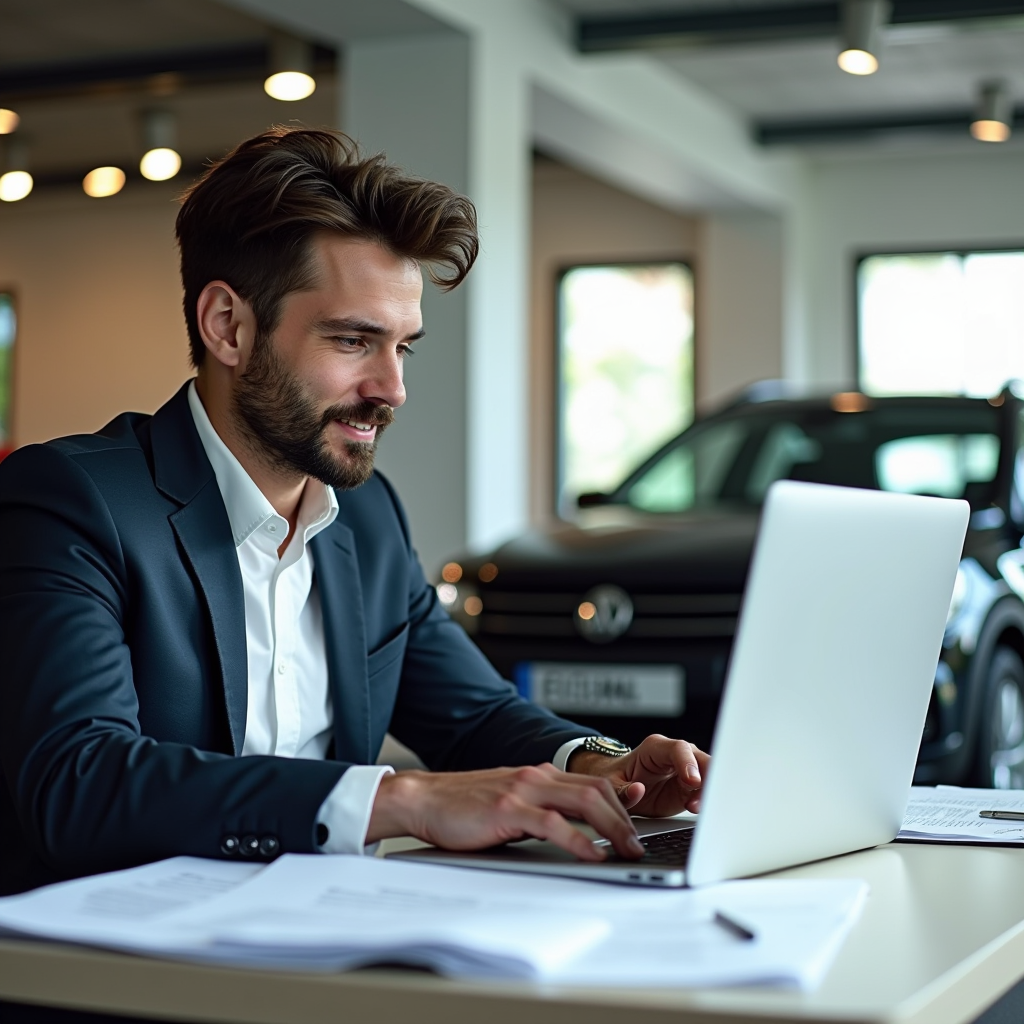 Automobiliste français assis à un bureau moderne et lumineux, consultant attentivement des documents administratifs routiers, avec un ordinateur portable ouvert, des papiers officiels étalés, un stylo à la main, dans une ambiance professionnelle et rassurante