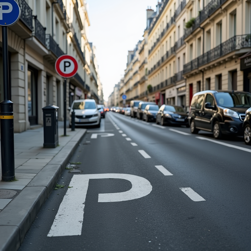 Vue d'une rue parisienne typique avec panneaux de signalisation de stationnement, marquages au sol clairs, horodateur moderne, et véhicules garés le long du trottoir, illustrant les zones de stationnement réglementé en milieu urbain français