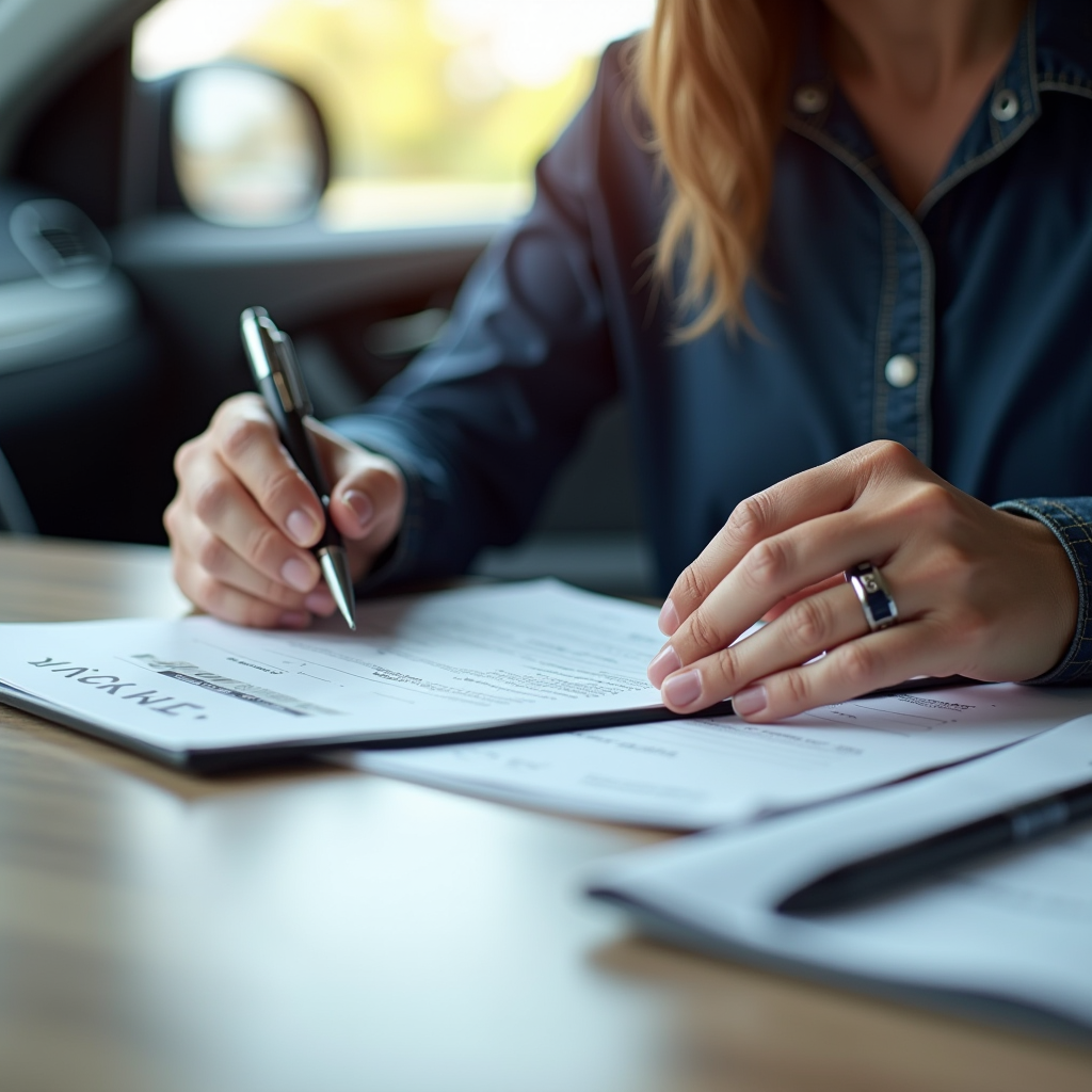 Automobiliste français consultant un document de notification routière avec un stylo et des papiers administratifs sur une table, lumière naturelle, ambiance professionnelle et rassurante