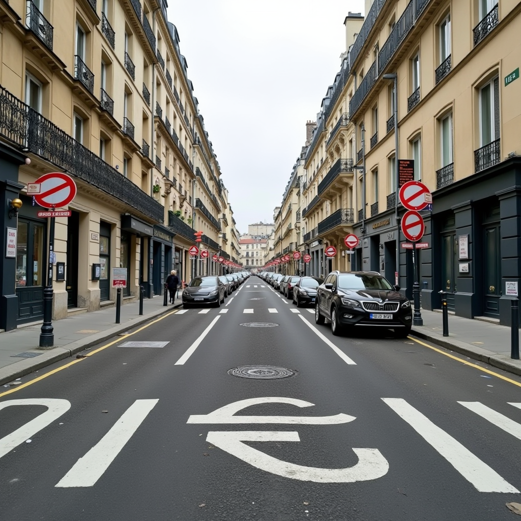 Zone de stationnement urbaine française avec panneaux de signalisation, voiture garée, marquage au sol, perspective de rue parisienne typique avec immeubles haussmanniens en arrière-plan