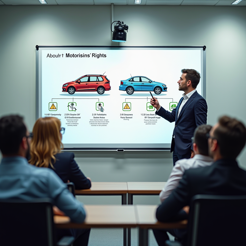 Salle de formation avec groupe de personnes attentives, tableau blanc avec schémas explicatifs sur les droits des automobilistes, ambiance éducative et collaborative